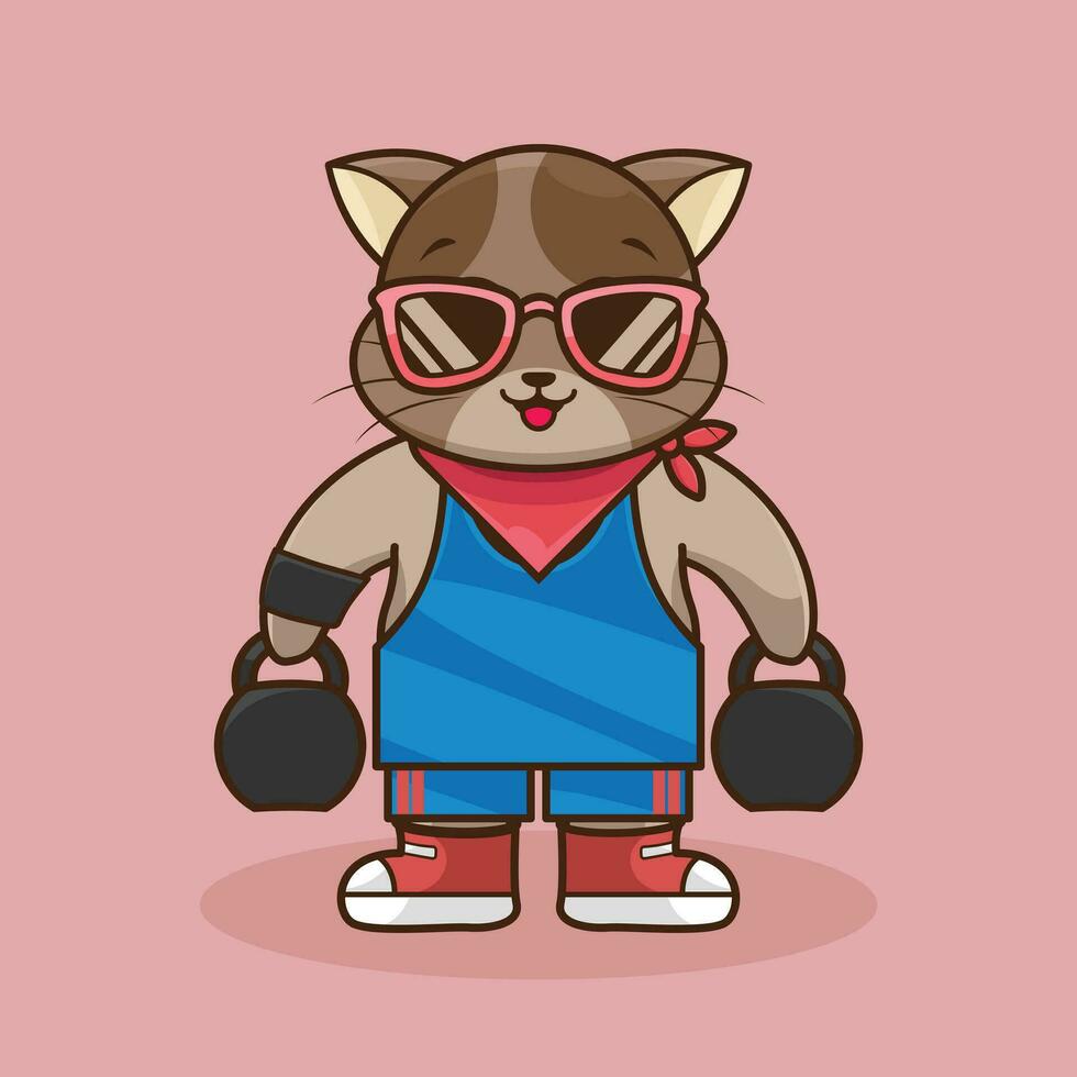 ginástica fanático gato desenho animado ilustração trabalhando Fora com uma Kettlebells vetor