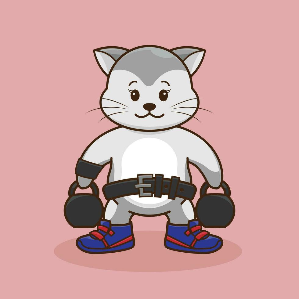 desenho animado ilustração do uma fofa gato elevação uma Kettlebells vetor