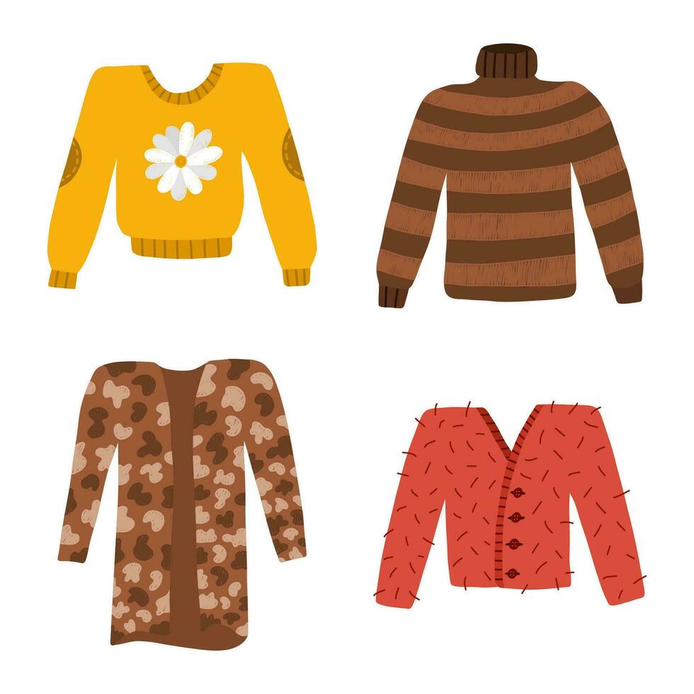 conjunto do fofa outono camisolas, jumpers e casacos de lã para frio clima. agrupar do tricotado de lã caloroso roupas com vários impressões e projetos. hygge mão desenhado ilustração isolado em fundo. vetor