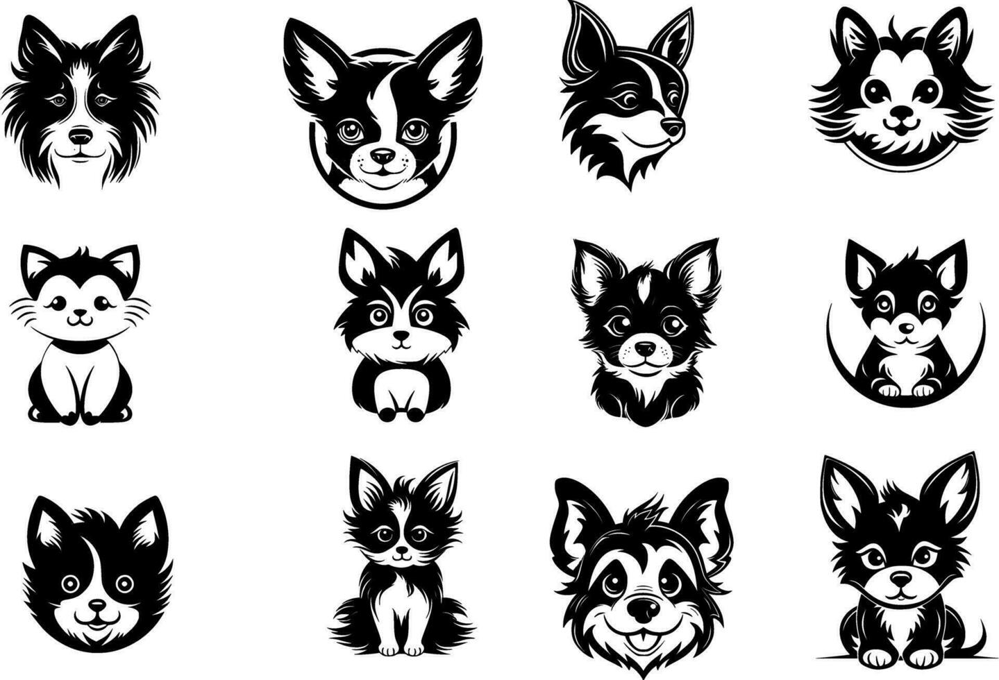 conjunto do cachorros cabeças dentro Preto em uma branco fundo, vetor ilustração
