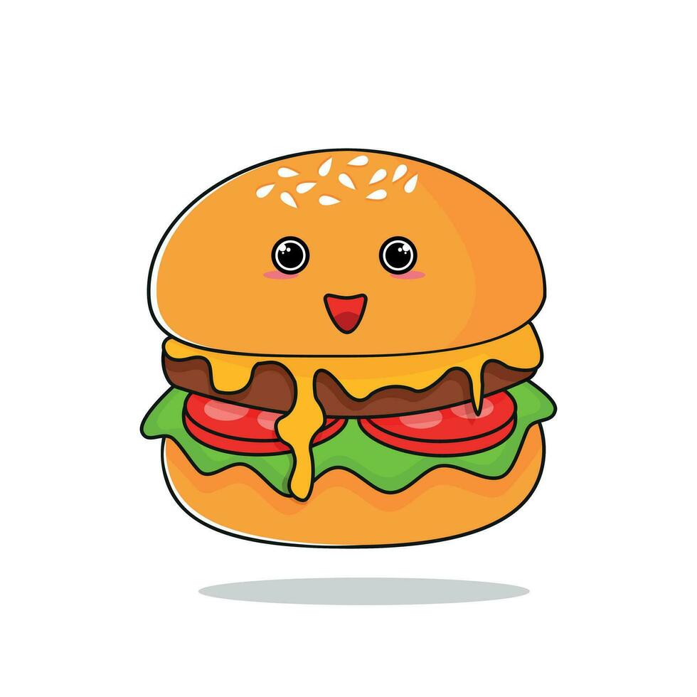 fofa Derretendo queijo Hamburger sorridente plano Comida desenho animado vetor ícone ilustração
