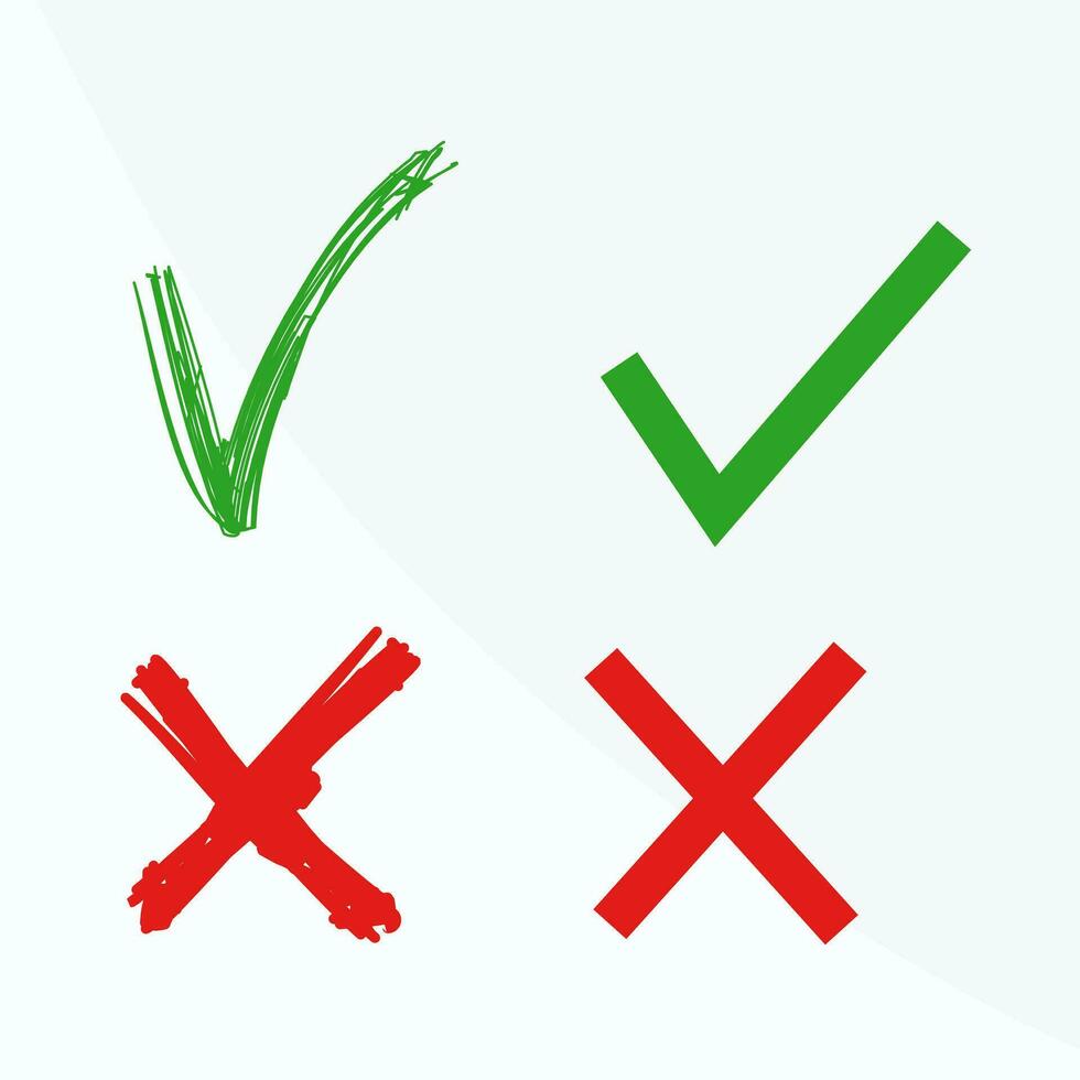 Verifica marca ícone botão caixa quadro. símbolos sim ou não ícones. verde e vermelho, não e Está bem lista de controle placa. vetor