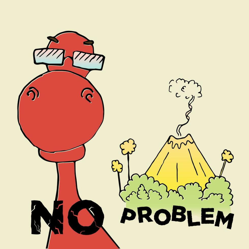 vetor impressão com uma vermelho dinossauro com óculos e texto - não problema. a vulcão é fumar dentro a fundo. Diversão ilustrações para Rapazes e meninas impressões em Camisetas, crianças e adulto Projeto.