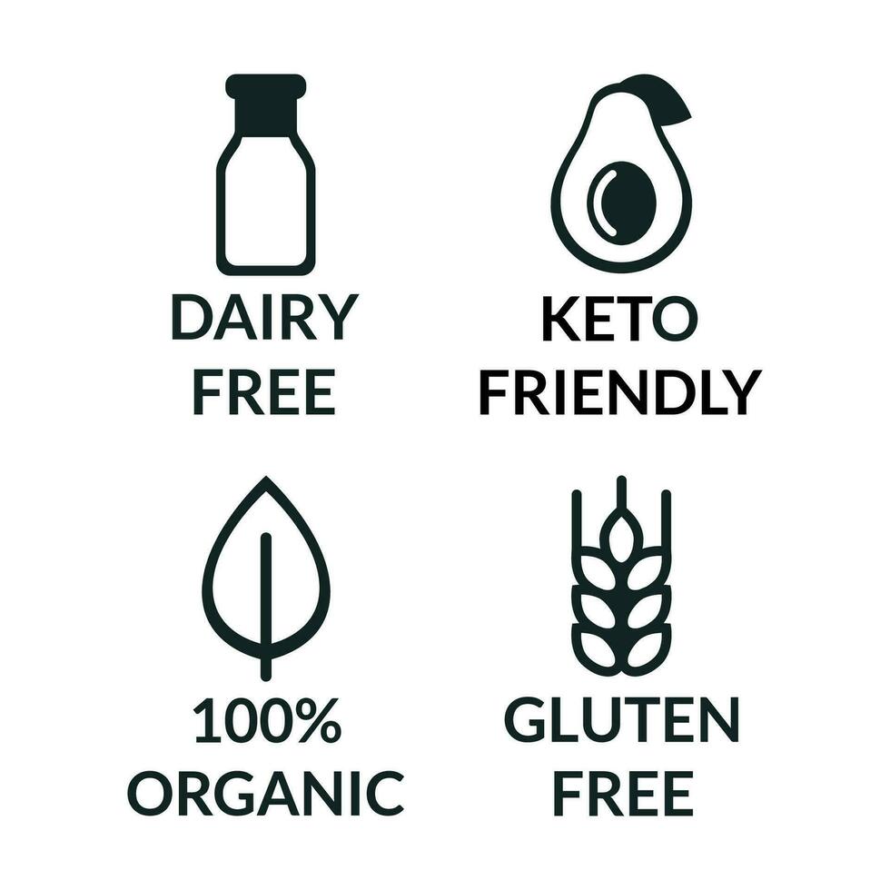 vetor ilustração conjunto do seguro Comida sem alérgenos ícones. ceto dieta ícones, lactose e leite livre, glúten livre, orgânico produtos. para etiquetas e embalagem