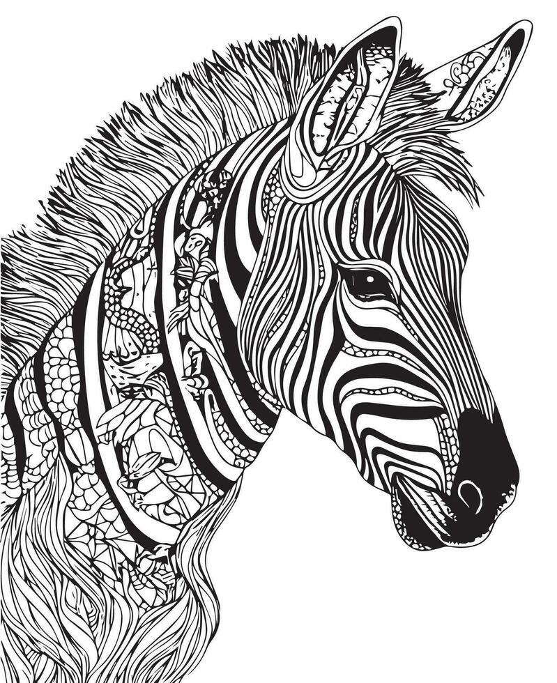 mão desenhado vetor coloração página do zebra. coloração página para crianças e adultos. impressão projeto, camiseta projeto, tatuagem projeto, mural arte, mandala arte.