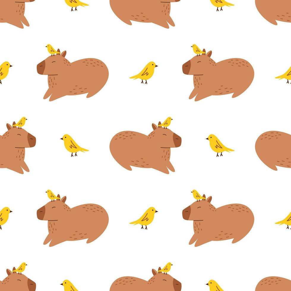 vetor desatado padronizar com engraçado capivaras e pássaros. adorável fundo com divertido capivara com amarelo pássaros em a cabeça. fofa capivara padronizar dentro plano Projeto.