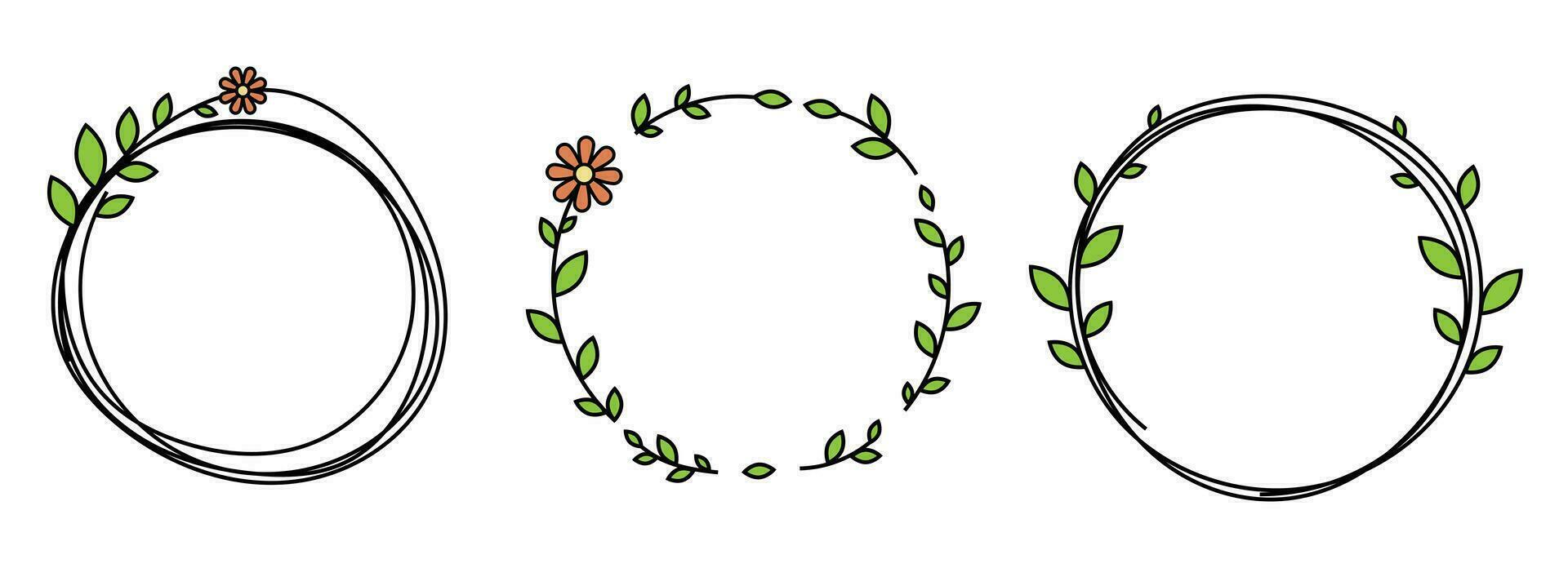 mão desenhado círculo quadro, Armação decoração elemento com folhas e flores grampo arte vetor