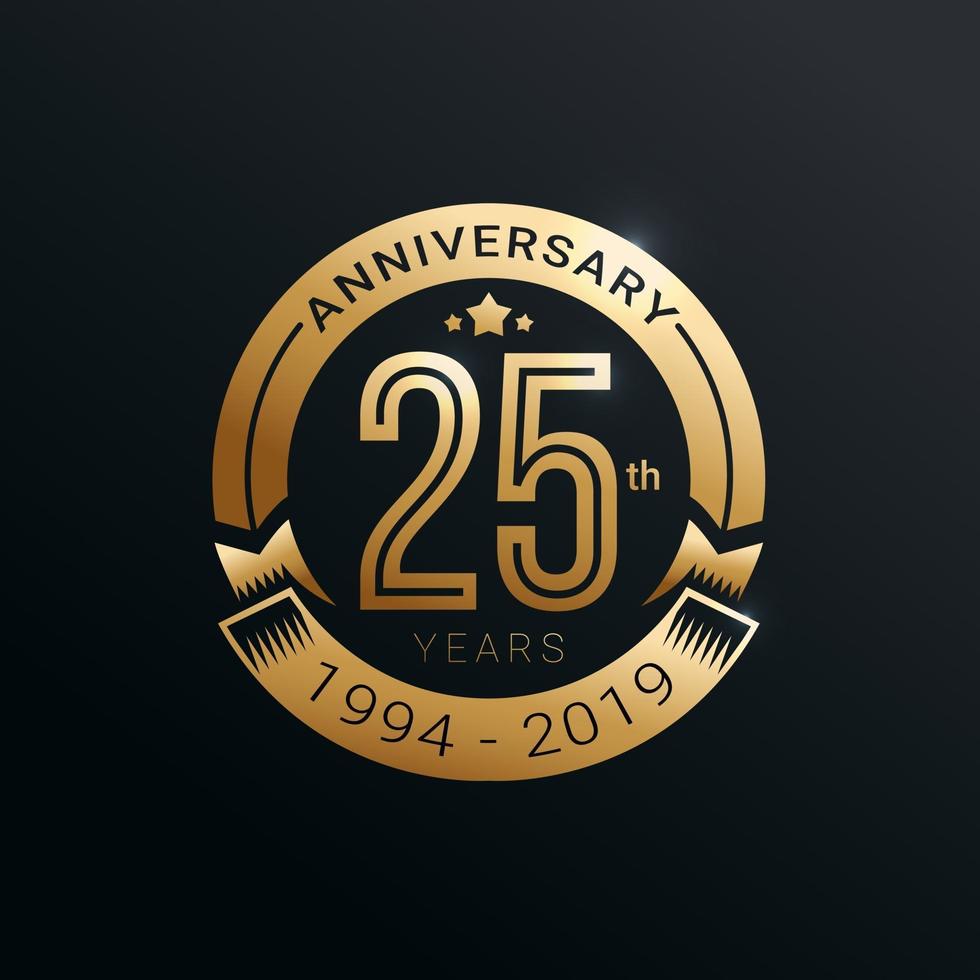 distintivo dourado de aniversário de 25 anos com design de vetor estilo ouro