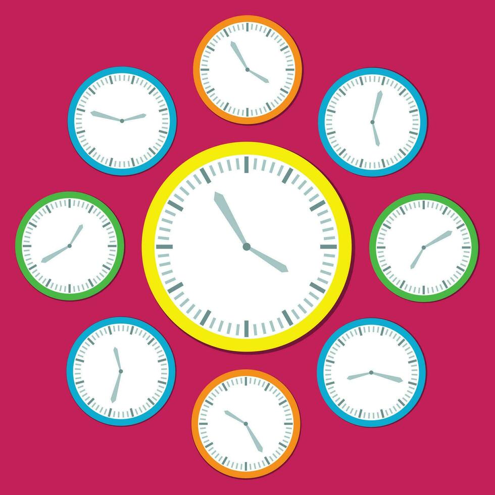 retro vetor relógios dentro amarelo azul a laranja mostrando diferente horas