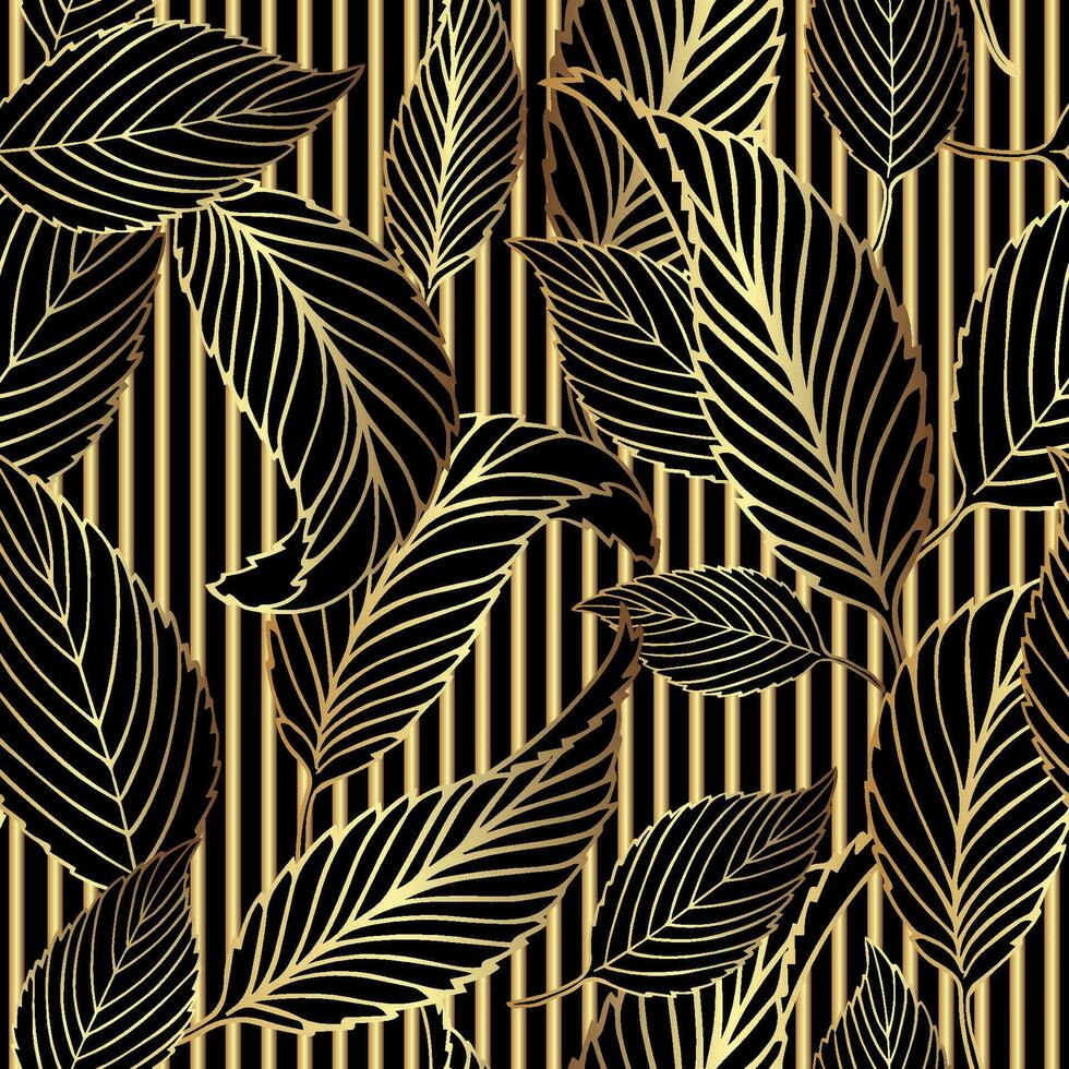 arte deco vintage desatado padronizar com misturar do dourado listras e linear folhas em Preto fundo. luxo detalhado linha arte plantar e geométrico elementos vetor