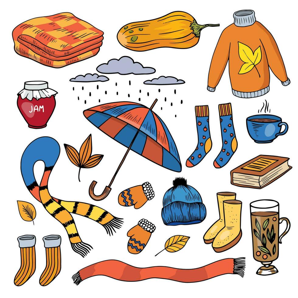 conjunto do outono acolhedor elementos e roupas. abóbora, folhas, guarda-chuva, lenço, copo do chá, meias, xadrez, chapéu, suéter, botas, luvas, geléia, livro, chuvoso nuvem. coleção do rabisco ilustrações vetor