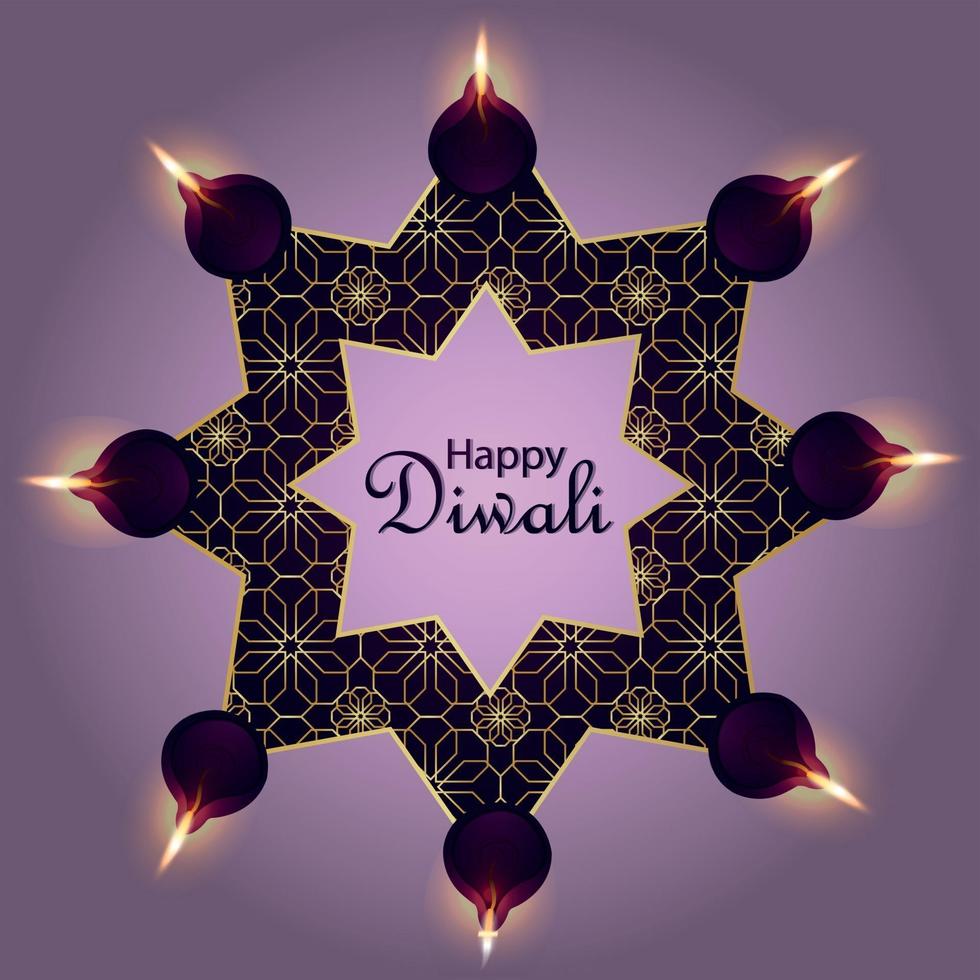 feliz festival de diwali de cartão de luz com diwali diya em fundo roxo vetor