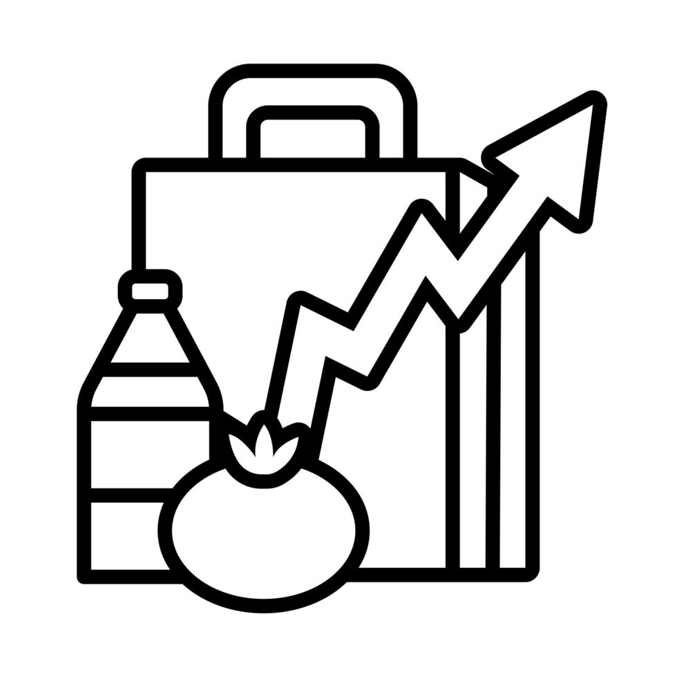 sacola de compras com seta para cima e linha de mantimentos vetor