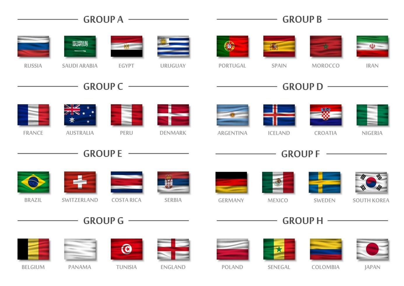 grupo da equipe da copa de futebol definir vetor de bandeiras nacionais onduladas realistas para o torneio do campeonato mundial internacional 2018