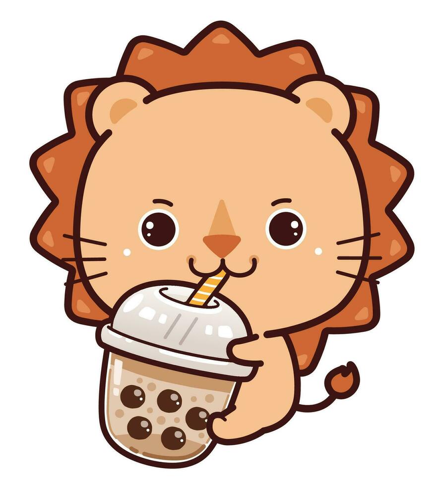 fofa pequeno leão feliz bebendo boba leite chá vetor