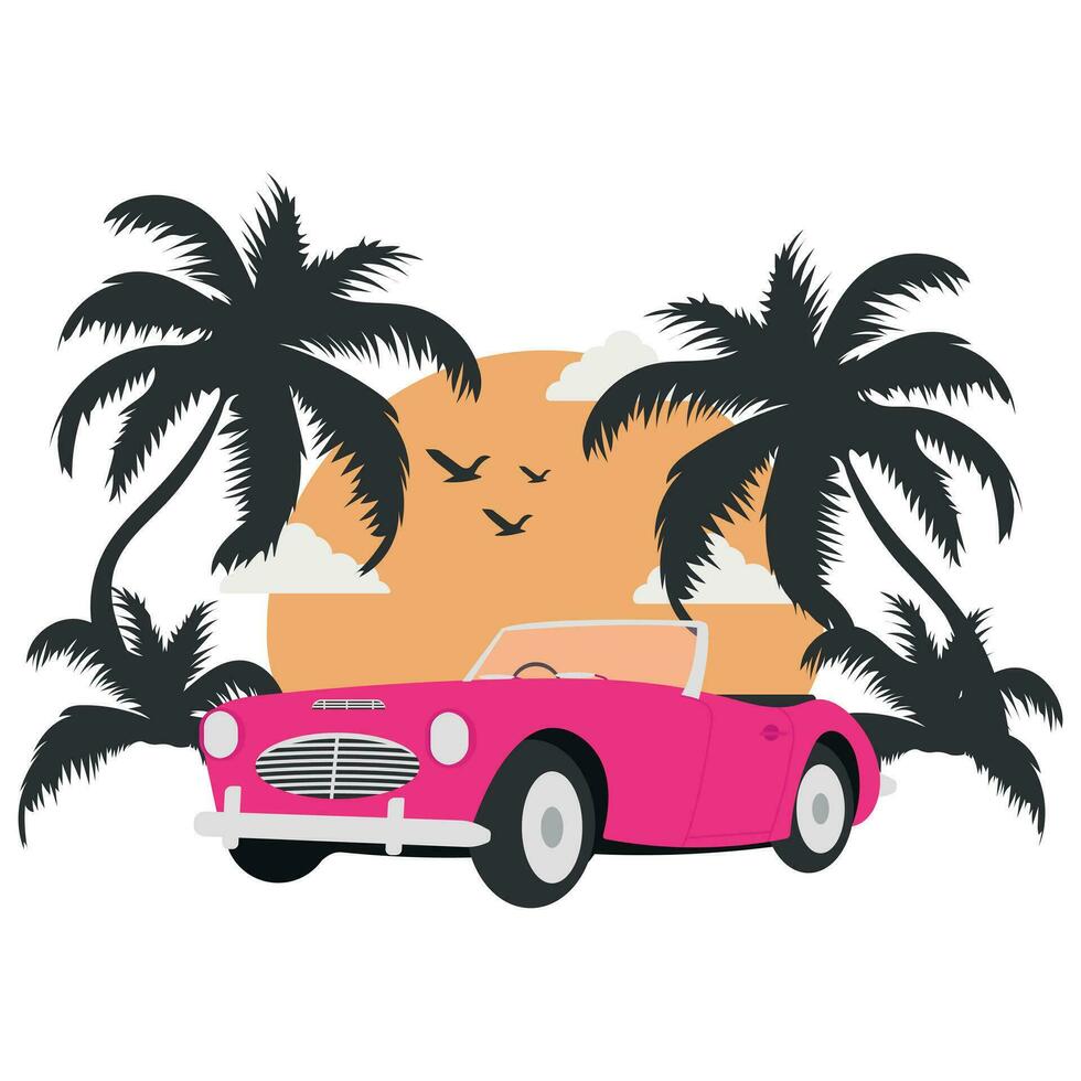 vintage carro em pôr do sol com Palma silhueta em uma branco fundo. verão período de férias vetor ilustração para folheto, poster, -camisa Projeto.