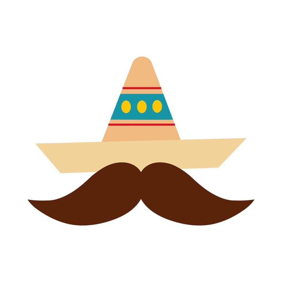 Chapéu da cultura mexicana e ícone de estilo de desenho de mão com bigode vetor