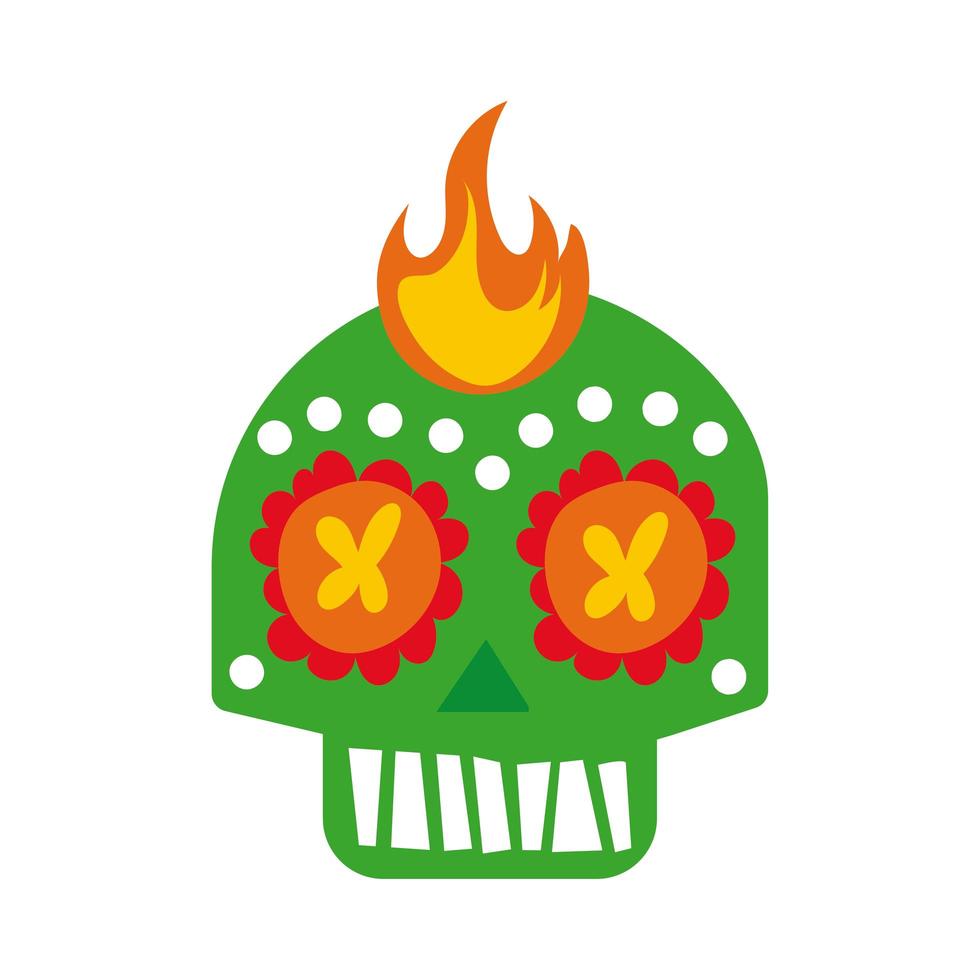 máscara de caveira mexicana com ícone de estilo de desenho de mão de cultura de chama vetor