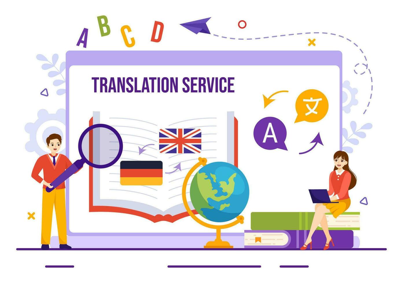 tradutor serviço vetor ilustração com língua tradução vários países e multi Idiomas usando dicionário dentro mão desenhado modelos