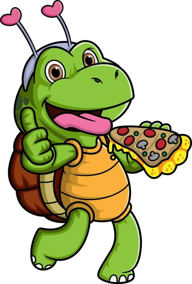 a fofa tartaruga é comendo uma fatia do pizza vetor