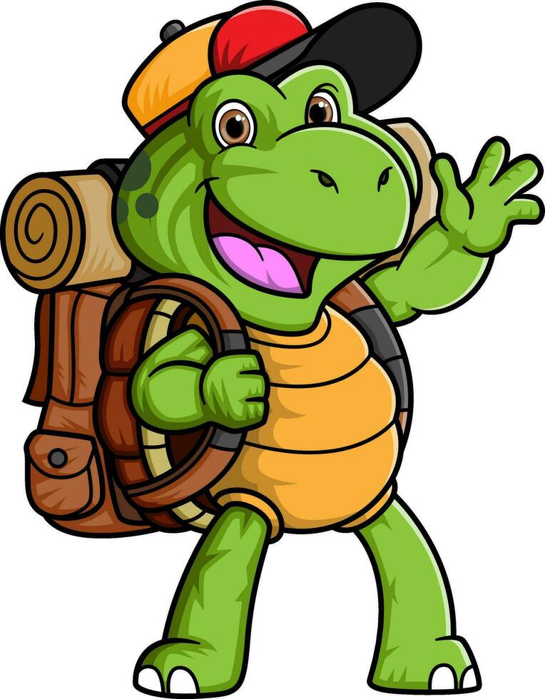 desenho animado pequeno tartaruga explorador com mochila vetor