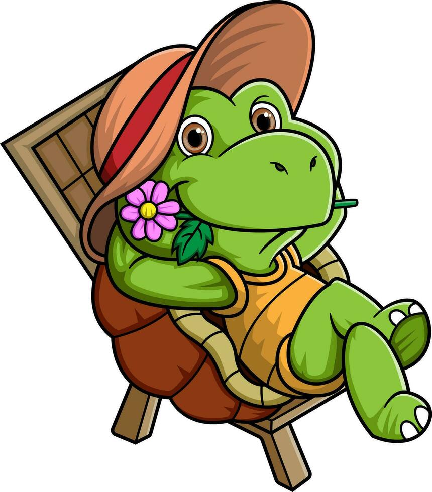 desenho animado tartaruga sentado em de praia cadeira e uma flor vetor