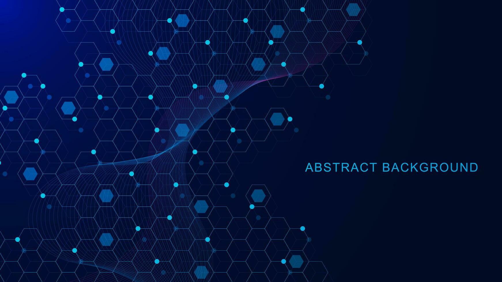 abstrato hexágono padronizar com brilhando partículas e onda fluxo. molecular sci fi científico tecnologia inovação fundo Projeto. vetor ilustração.