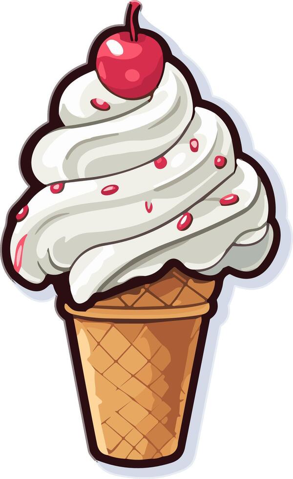 rabisco baunilha gelo creme cone com uma cereja em topo adesivo clipart transparente vetor ilustração, ai gerado