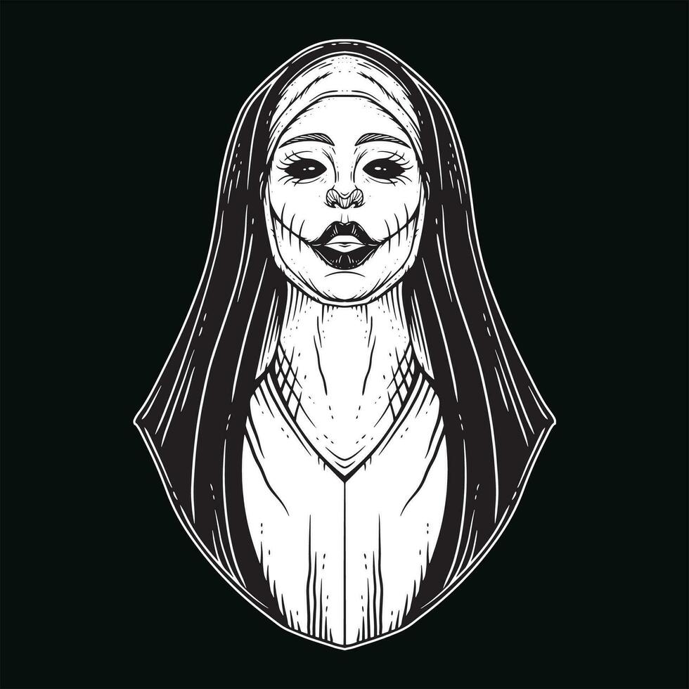 Sombrio arte freira menina mulheres crânio cabeça fantasma Horror incubação esboço estilo ilustração vetor