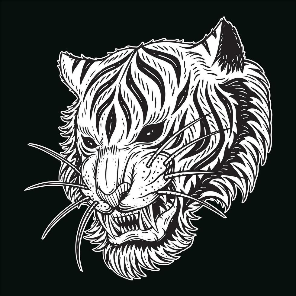 Sombrio arte tigre cabeça assustador Bravo fera mascote Preto e branco mão desenhado ilustração vetor