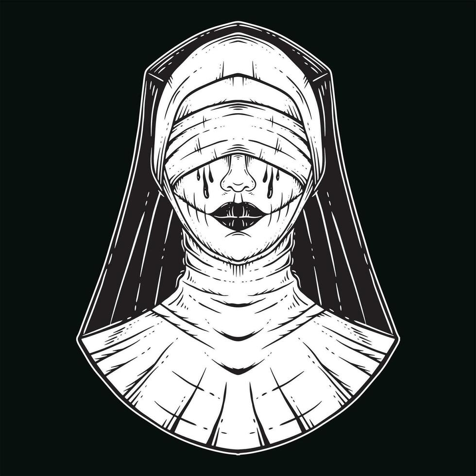 oração menina freira tatuagem Horror mulheres crânio chifre cabeça Horror mão desenhado estilo ilustração vetor