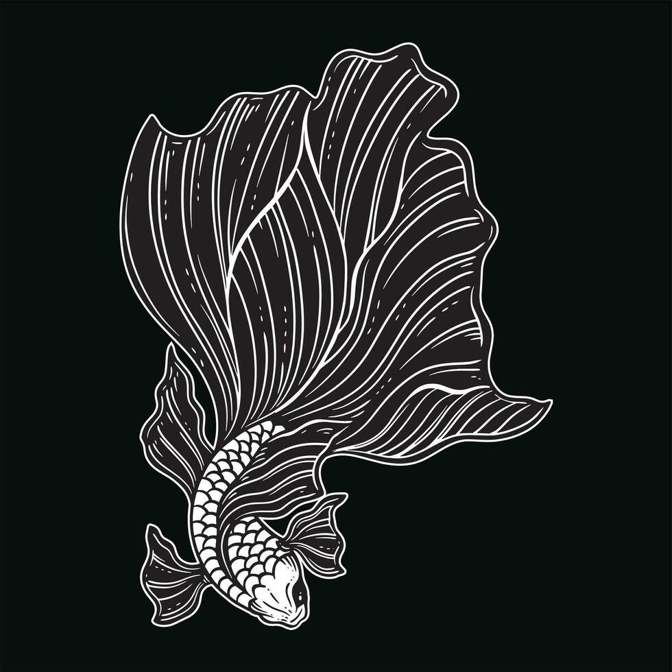 mão desenhado betta peixe aquático Preto branco vintage Sombrio arte para tatuagem e roupas ilustração vetor