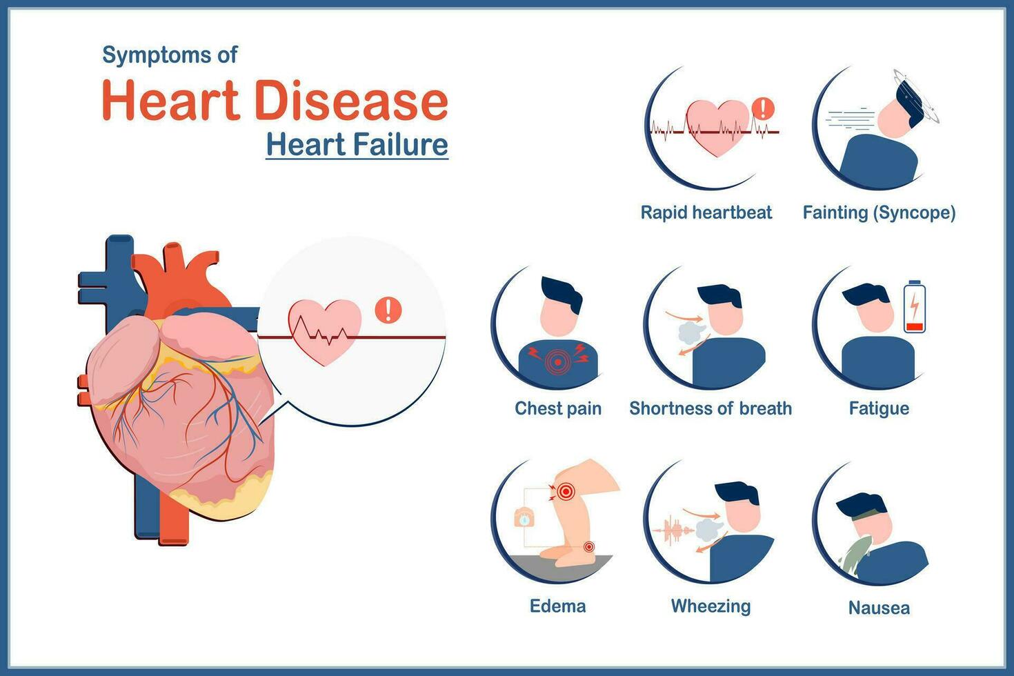 médico ilustração conceito, sintomas do coração doença causou de coração falha.fadiga,rápido batimento cardiaco, náusea e vômitos, chiado, inchaço dentro a pernas ou tornozelos, peito dor e síncope, plano estilo. vetor