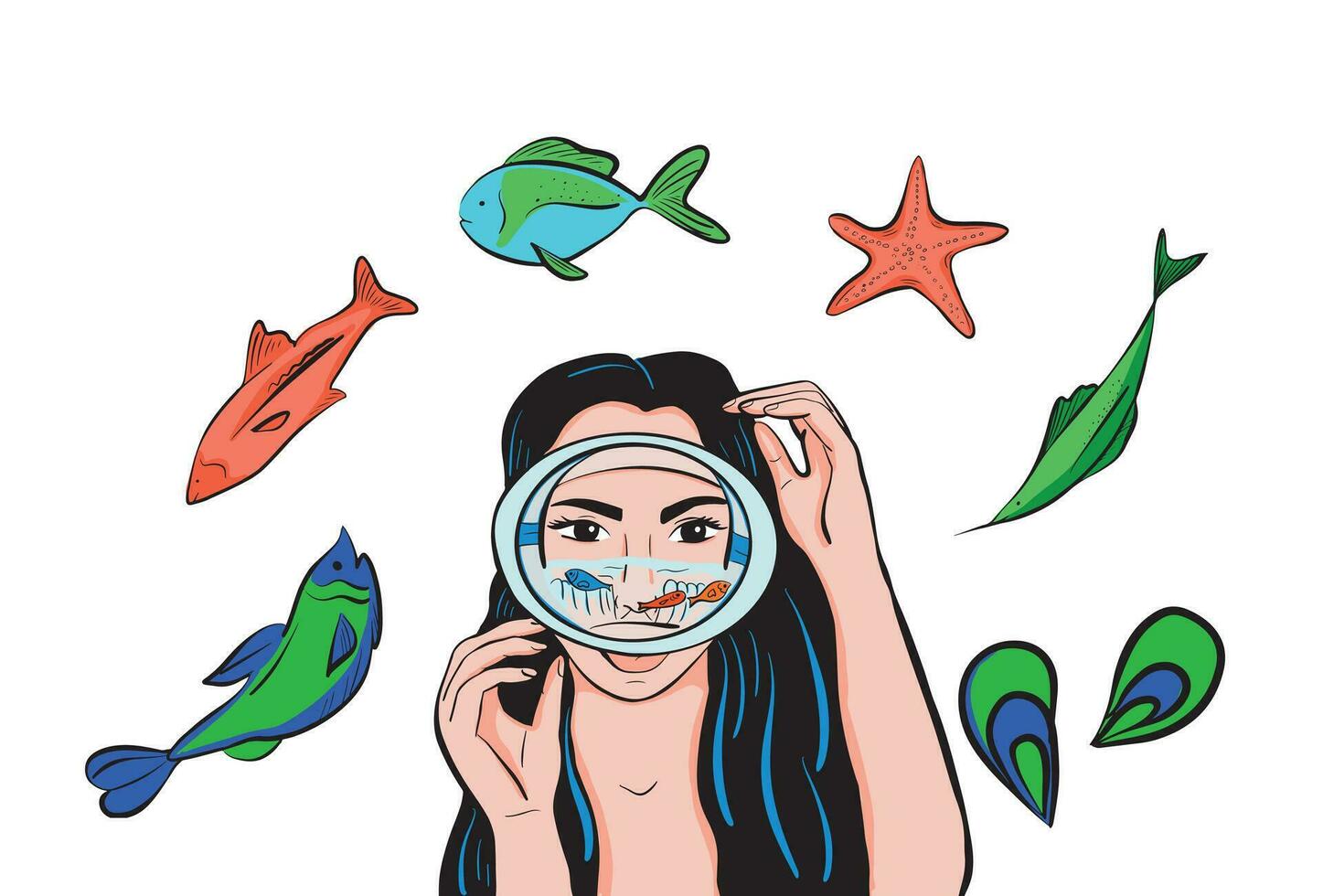 menina dentro uma mascarar cercado de peixe.snorkeling.diving.vector ilustração. vetor