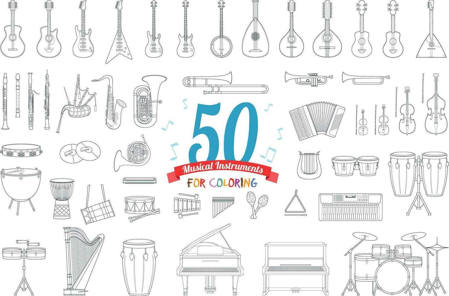 vetor ilustração conjunto do 50. musical instrumentos para coloração dentro desenho animado estilo isolado em branco fundo