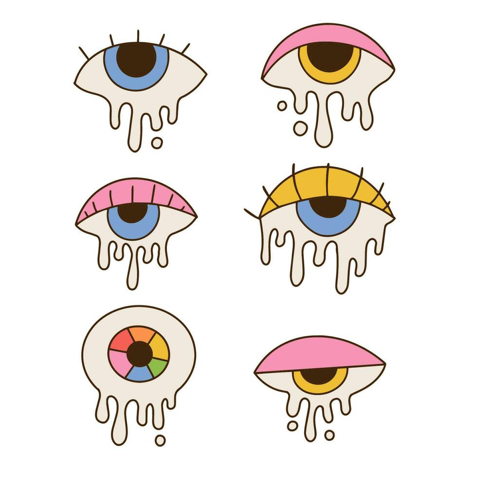 Derretendo olhos definir. surreal psicodélico gotejamento olhos coleção. contorno mão desenhado vetor ilustração. Anos 70 retro elementos coleção.