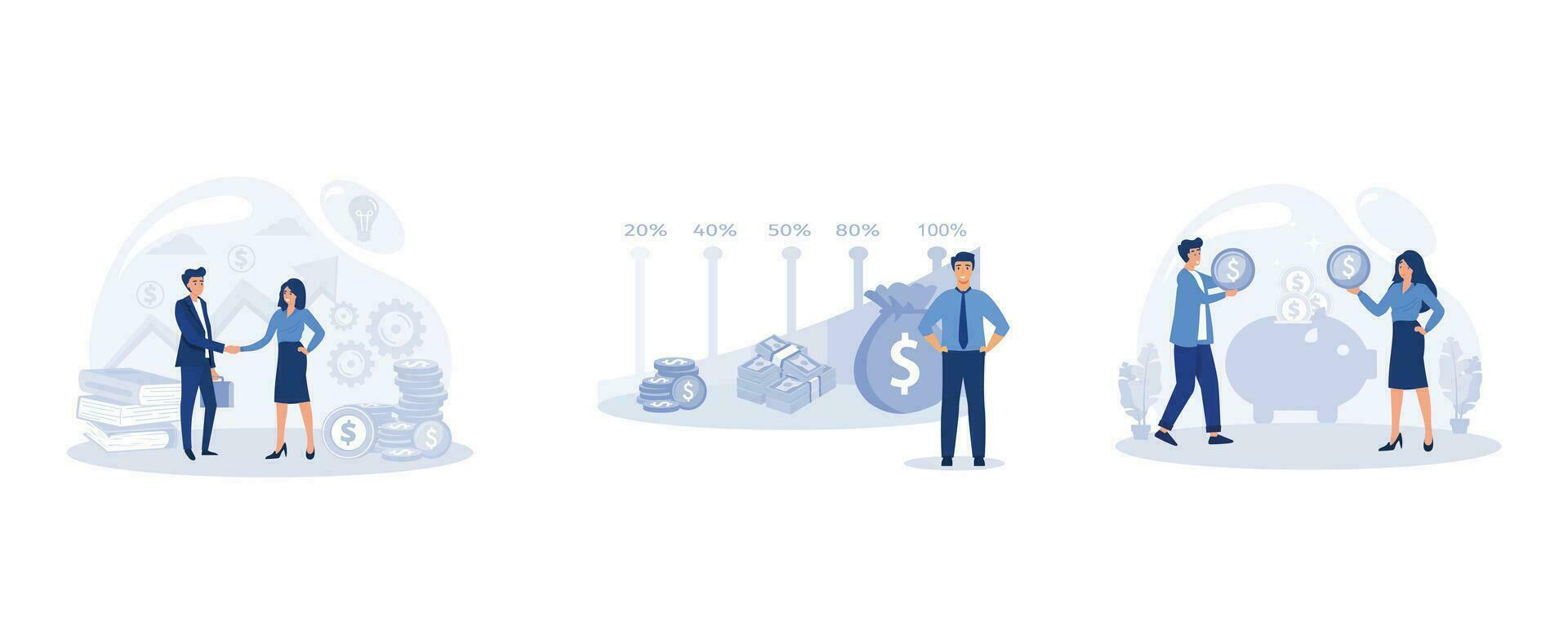 o negócio pessoas tremendo mãos, renda crescimento gráfico, casado casal Salve  moedas dentro porquinho banco, conjunto plano vetor moderno ilustração