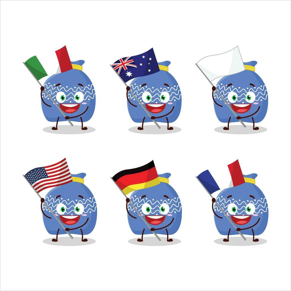 azul santa saco desenho animado personagem trazer a bandeiras do vários países vetor