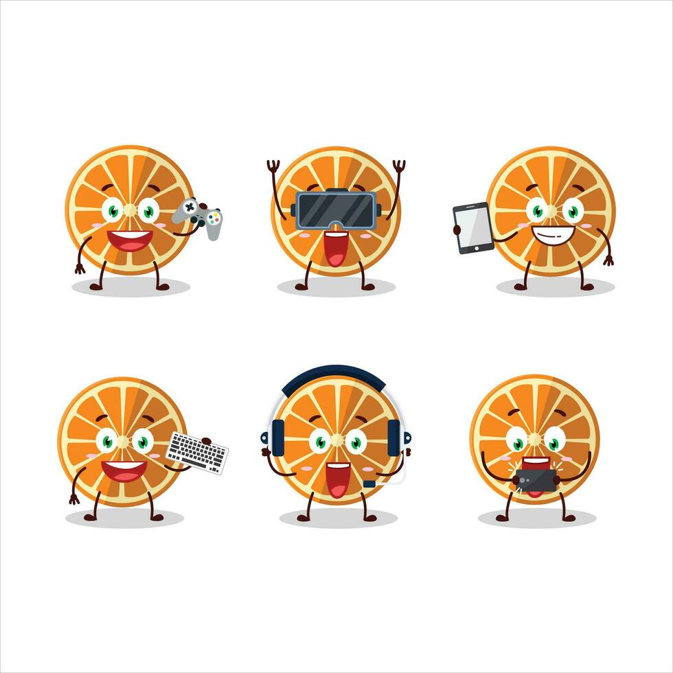 Novo laranja desenho animado personagem estão jogando jogos com vários fofa emoticons vetor