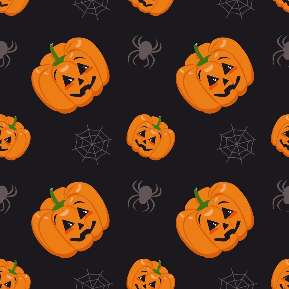 bonito escuro padrão sem emenda com abóboras, teias de aranha e aranhas. decoração de festa de halloween. impressão vegetal com um sorriso. fundo festivo para papel, têxteis, férias e design vetor