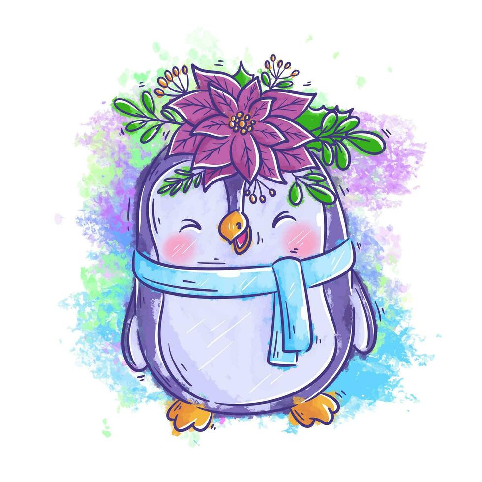 a fofa pinguim é vestindo uma pescoço mais quente e tem uma flor em dele cabeça desenho animado vetor