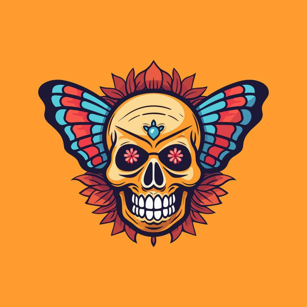 crânio com borboleta asas ilustração mão desenhado logotipo Projeto vetor