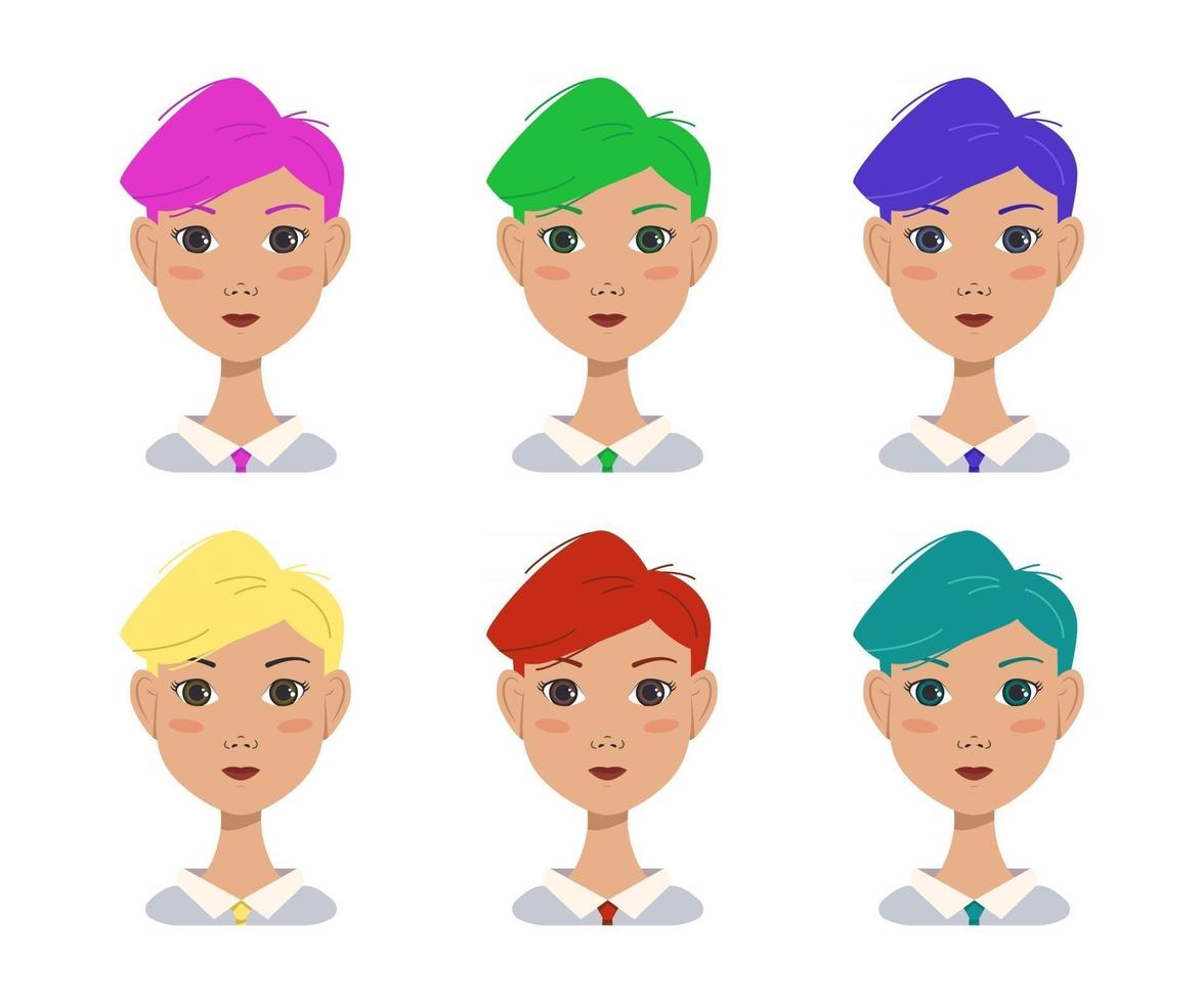 conjunto de ícones de uma linda garota atraente com um penteado na moda moderno. mulher avatar com cabelo brilhante multicolorido de azul, verde, vermelho, rosa, amarelo. trabalhador de escritório vetor