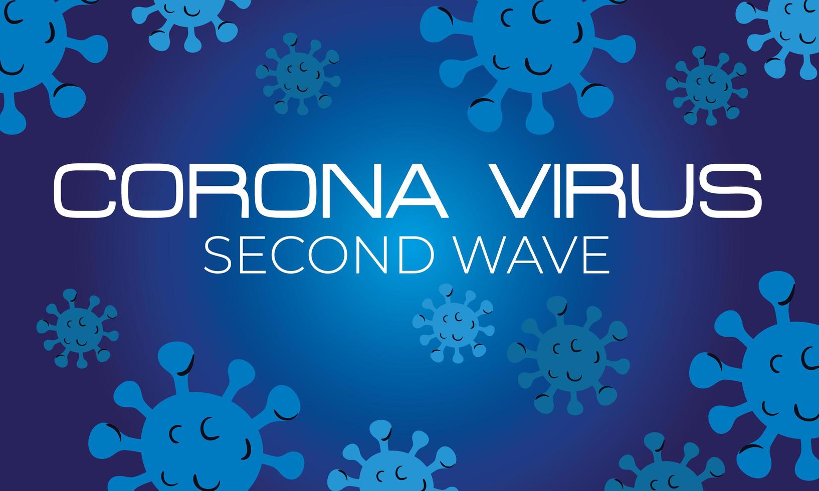 pôster da segunda onda do vírus corona com partículas em fundo azul vetor