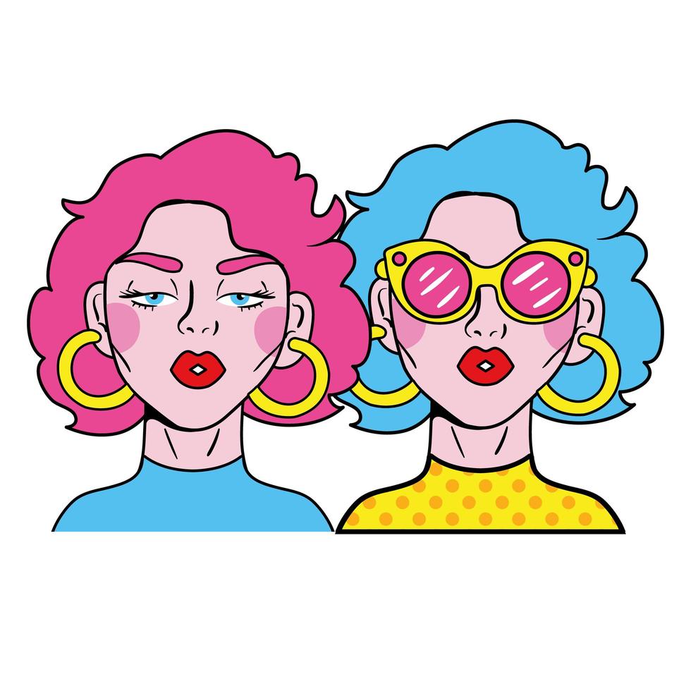 cores de cabelo meninas casal moda estilo pop art vetor