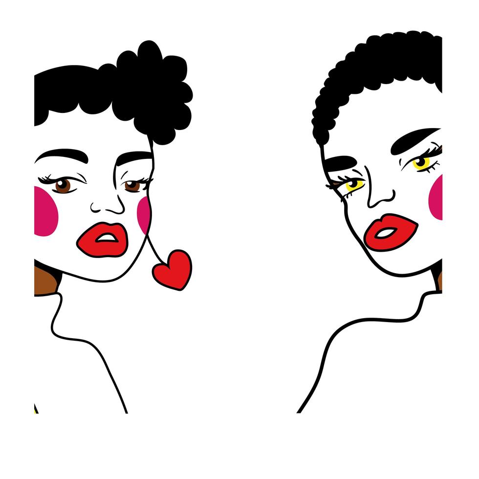 estilo de linha pop art da moda do casal de garotas afro vetor