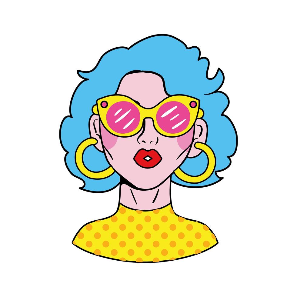 mulher com cabelo azul e óculos de sol ícone de estilo pop art vetor