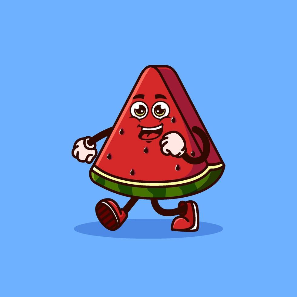 personagem de fruta melancia bonito andando com uma cara feliz. conceito de ícone de personagem de fruta isolado. estilo cartoon plana vetor