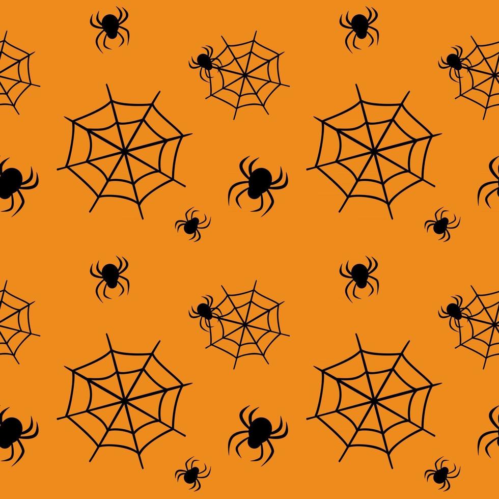 bonito padrão sem emenda com teias de aranha pretas e aranhas em um fundo laranja. decoração de festa de halloween. impressão brilhante para papel, têxteis e design vetor