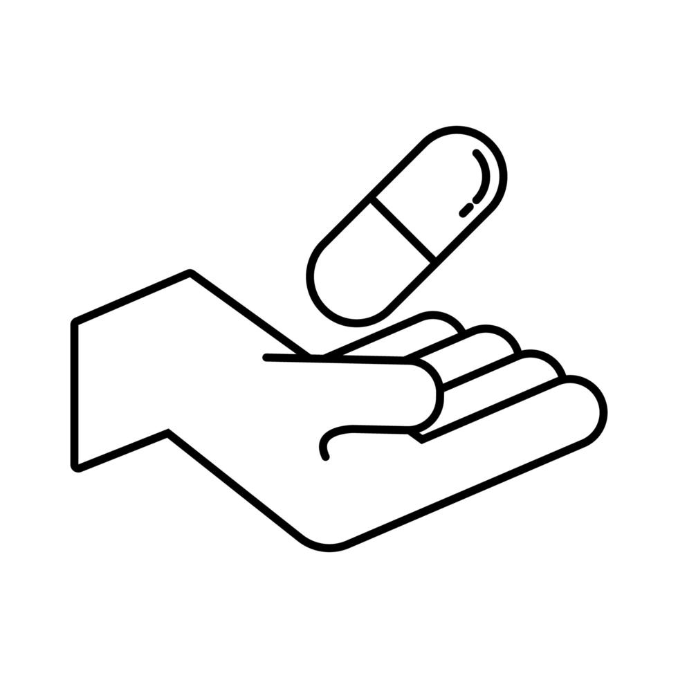 mão com ícone de estilo de linha de drogas cápsula de medicamento vetor